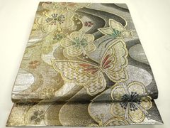 平和屋本店□極上 夏物 六通柄袋帯 紫陽花 黒地 金糸 三越扱い 逸品  