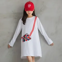 送料無料 ホワイト 長袖 プリント Tシャツ ワンピース チュニック 子供服 女の子 キッズ ガールズ ふんわり かわいい カジュアル 120cm 130cm 140cm 150cm 160cm