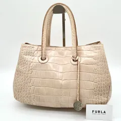 【良品】FURLA ハンドバッグ クロコ型押し フォーマル シンプル ベージュ