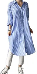 LUXIA FILL ルクシア フィル レディース ダブル 大きい 長袖 カジュアル ボタン ビッグ シルエット ロング オープン シャツ ワンピース 青( ブルー,  L)