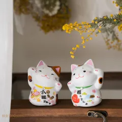 新品2点セット 瀬戸焼　福猫金運招き　福猫願い招き 商売繁盛 招き猫の置物招福置物 和の縁起物  プレゼント 贈り物 クラフトマンハウス