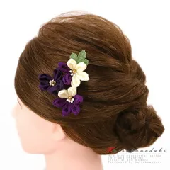 髪飾り 成人式 つまみ細工 振袖 袴 浴衣 夏祭り 花火大会 3点セット 紫 白 ちりめん おしゃれ バイカラー かんざし 卒業式 和装 No.9-4200