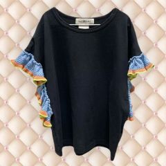 Ray BEAMS レイビームス フリルラインスリーブTシャツ ブラック