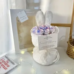 ワンホンブーケ うさぎ ピンクブルー×ホワイト 窓付き紙袋＋メッセージカード付き 薔薇 ソープフラワー ローズ 記念日 誕生日 プレゼント ブーケ 花束 生誕祭 お祝い 韓国風 母の日 開業祝 結婚祝いシャボンフラワー 石鹸