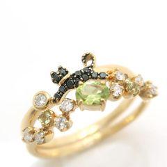 K18 ネコ モチーフ セットリング YG ブラックダイヤ ダイヤモンド ペリドット 0.03/0.01/0.16/0.04/0.12ct 猫 美品 仕上げ済 ◆送料込◆質屋-10952