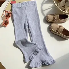 ☆グレー☆  10分丈 フレア リブパンツ  ☆100cm 110cm 120cm 130cm☆ 人気商品  フリル  アンパサンド  こども服  ボトムス  レギンス  伸縮性  カジュアル おしゃれ  通園  通学   お出掛け 新品  Baestar