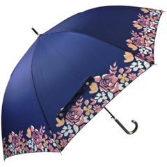 【迅速発送】ベーシックスタンダード 長傘 レディース 大きい おしゃれ レザーハンドル 大判 65cm ワンタッチ ジャンプ傘 丈夫 耐風 グラスファイバー骨 かわいい バラ 花柄 紺