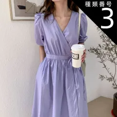 種類3：ピンク/L ワンピース ワンピドレス 膝下 ロング ロング丈 袖あり 半袖 パフスリーブ 萌袖 カシュクール 襟なし セミフレア Aライン ウエストリボン ポケット ハイウエスト 綿 リネン かわいい 大人可愛い シンプル カジュアル 大人 おしゃれ 