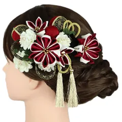 髪飾り 成人式 振袖 4点セット 赤 臙脂 ワインレッド 白 黒 緑 ゴールド つまみ細工 組紐 房 玉飾り 和柄 ビーズ コーム Uピン No.9-5431