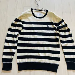 バ－バリーブラックレーベル セーター ニット 薄手 長袖 メンズ M相当クリーム色×黒 ブラック G0050