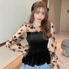花柄　シースルー　ベロア　トップス　春夏コーデ　レディース
