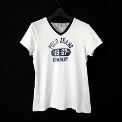 ポロジーンズ ラルフローレン POLO JEANS COMPANY Tシャツ カットソー 半袖 Vネック ロゴ プリント S 白 ホワイト 紺 ネイビー