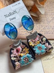 591≫アルコールインクアート【nara】2wayインド刺繍リボンタッセルピアス