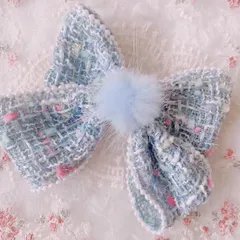 ❤️193ツイードパールリボンクリップピン❤️ブルー