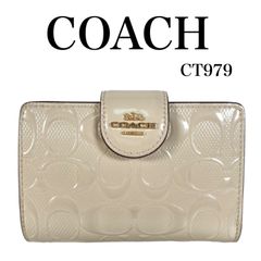 m21 美品 COACH コーチ CT979 二つ折り 財布 パテントレザー レディース ホワイト ゴールド金具 ロゴ