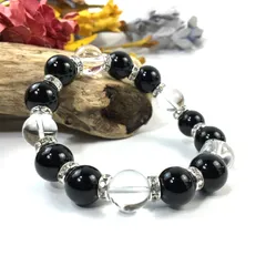 オニキス&水晶 パワーストーン ブレスレット 天然石12mm (シルバー) メンズ・レディース 男性・女性  数珠  黒  □