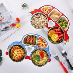 【可愛さと実用性の融合】車デザイン子供用食器セット - ステンレス製、滑り止め付き、便利な蓋付き F6FC798