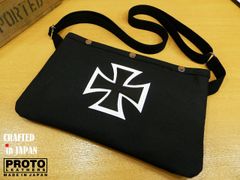 ☆受注生産☆大迫力レザー本革アイアンクロス付きサコッシュ♪帆布ブラック日本製ハンドメイド黒ボディバッグ鉄十字サイクリング