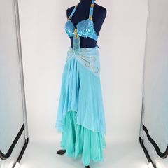 社交ダンス ドレス 衣装 ビジューターコイズブルー スパンコール金色華