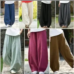 アジアン エスニック サルエル ロングパンツ 黒　無地 ゴム 綿  ワイドパンツ