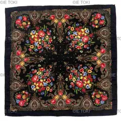ロシア風フローラルプリントスカーフ 女性用 高級スクエアバンダナ シアンヘッドバンド 女性用ショール ヘッドバンド 70*70cm