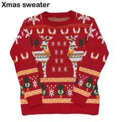 クリスマス Xmas セーター アグリーセーター ノルディック トナカイ ゆったり 丸首 長袖ブラウス メンズ レディース 赤色 ニット