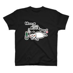 猫イラストTシャツ前面「Have a nice（ニャいす） Day!!」 / Printstar 綿100%　5.6オンスヘビーウェイトTシャツ（005ブラック）