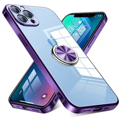 【迅速発送】iPhone 12 Pro Max 用 ケース リング付き クリア 耐衝撃 スタンド機能 透明 TPU 車載ホルダー対応 落下防止 防塵 薄型 軽量 一体型 変形防止 全面保護カバー アイフォン 12 プロ マックス 用 ケース 紫 W-YXZH-