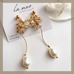 ＊大粒淡水パール クリアビーズ メタルワイヤー 一粒 ハンドメイドピアス イヤリング 揺れる 華奢 ブライダル フォーマル アレルギー対応