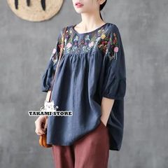 ブラウス トップス レディース チュニック tシャツ シャツ 夏 花柄 刺繍 無地 5分袖 カットソー 体型カバー 綿麻 コットン ゆったり 大きいサイズ 40代xz0523
