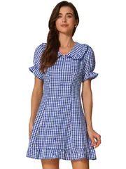Allegra K ギンガム チェック柄 ワンピース フリルミニドレス パフスリーブ ヴィンテージ レディース ブルー M