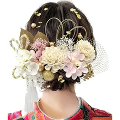 [Baramoly] 髪飾り 成人式 和装小物 卒業式 結婚式 和装 着物 袴 振袖 プリザーブドフラワー かすみ草 網型飾り あじさい ヘアアクセサリー 水引 ヘッドパーツ 専用ケース付き G2001