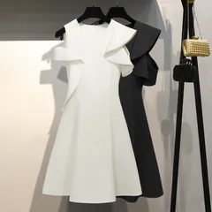 ワンピース フレア 上品 ドレス パーティ 丸首 ミニ丈 ドレープ【0918】