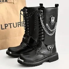 バイクブーツ ウエスタンブーツ メンズ PU ブーツ ロングブーツ エンジニアブーツ チェーン付き ロック おしゃれ リベットレースアップブーツ ワークブーツ 編み上げブーツ 軽量 防水 メンズブーツ 滑り止め バイクシューズ カジュアル ショート 厚底 黒