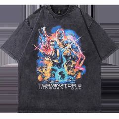 メンズ レディース半袖Tシャツ 映画 Tシャツ ターミネーター2 色落ちブラック　Lサイズ