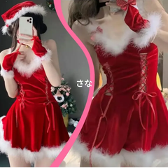 【新品】帽子付♥可愛い水玉セクシーサンタ　衣装　コスチューム　誘惑　ミニドレス　高品質　ふわふわ　撮影会　イベント　ＳＮＳ　プレゼント　アームカバー付　Tバック付　パーティー　聖夜　新年会　ランジェリー　バレンタイン　ルームウェア