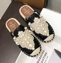 サンダル 22.5 新品 レディース スリッパ ぺたんこ ブラック 黒 フラット