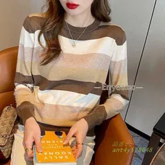 ニット プルオーバー トップス クルーネック ボーダー柄 配色 インナー トップス 秋 長袖 春 ニット ニットセーター 冬 ant4y578648