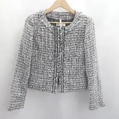 ◇ ⊇ krone クローネ ツイード モノトーン 長袖 ノーカラージャケット サイズ9AR ブラック ホワイト レディース E  【1412090013232】