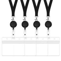 【人気商品】IDカードホルダー 4枚入り リール式 吊り下げ名札 ネームホルダー 伸縮リール ネックストラップ 横型 ICカード/名刺/社員証/定期入れ ブラック