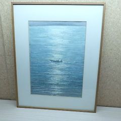 尾崎良二 パステル画 朝の小舟 額装入り