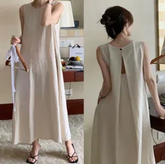 ワンピース レディース ロング 春 夏 秋 ストレート 黒 ベージュ ロングワンピース マキシ スリット 大人 袖 なし カジュアル リゾート ゆったり リネン バックスリット ノ－スリーブ