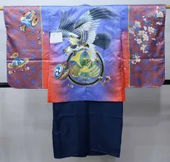 七五三 五歳 男児 羽織・着物・襦袢3点セット 豪華絢爛 金刺繍 綸子地 青紫×朱色 鷹 お仕立て無料 祝着 NO37103-2