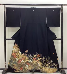 中古品、袷着物、黒留袖、比翼つき、染め紋、正絹、リメイク素材R804