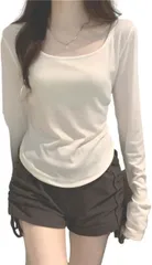 Nestkanina カットソー セクシー ラウンドネック 長袖 Uネック ロンT ストレッチ 無地 丸首 レディース インナー( ホワイト,  L)