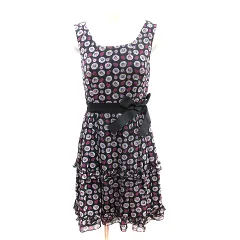 アナスイ ANNA SUI ワンピース ひざ丈 フリル 花柄 ノースリーブ ウエストマーク 2 黒 ブラック /AUのサムネイル