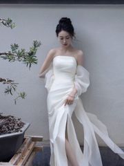C163高級 ウェディングドレスS ロングシンプルスリッド羽衣風 