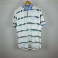 Brooks Brothers 346 ブルックスブラザーズ ポロシャツ ボーダー 総柄 刺繍ロゴ ホワイト ライトブルー Mサイズ メンズ 古着 トラッド シティーボーイ