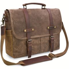 Men's Vintage Genuine Leather Business Bag, Messenger Bag, Waterproof Briefcase, Multiple Compartments, Durable Leather Shoulder Bag, Laptop Bag, Adjustable Strap, Brass Buckle, Brown