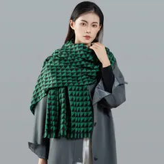 マフラー 秋冬 幾何学模様 グリーン 高級感 保温 ストール WJ61